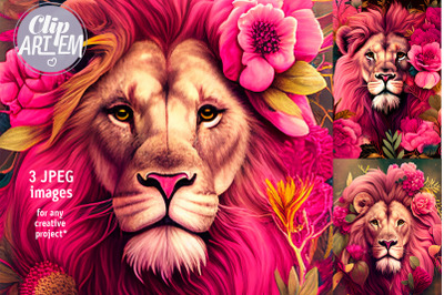 Lion with Pink Mane Floral Artwork 3 Watercolor JPEG Images Set  Decor