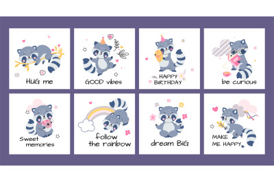 Cute raccoon characters postcards templates. Raccoons curious and funn