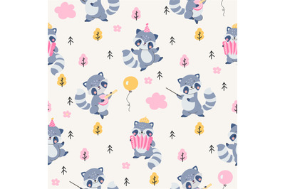 Raccoon childish seamless pattern. Cute raccoons kids wrapping, kawaii