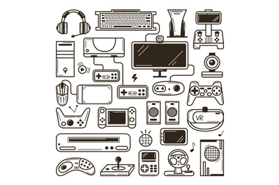 Doodle gaming elements, gamers electronics devices sketch. Computer ga