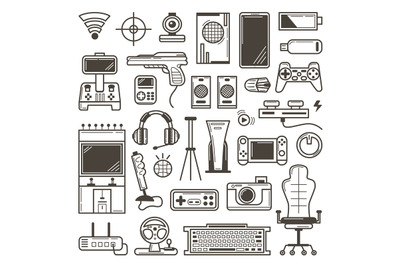 Digital gadget doodle elements. Computer games and social media icons.