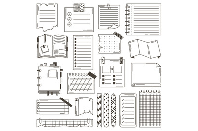 Paper notes doodle set. Sketching diary or planner elements. Journal s