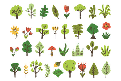 Doodle forest nature elements, scandinavian eco collection. Sketch bir