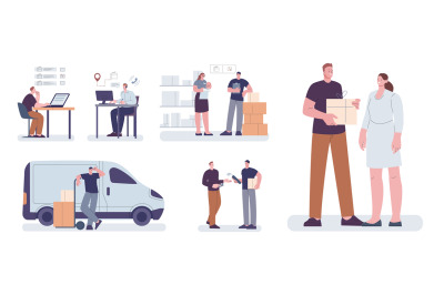 Order and delivery concept. Delivery man transporting goods from offic