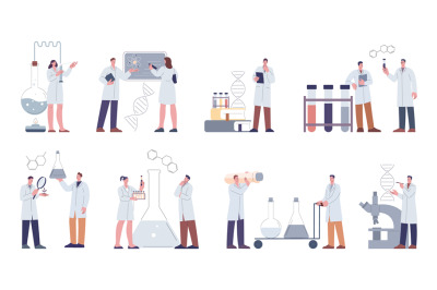 Flat science group characters. Chemist set&2C; innovative scientist and p