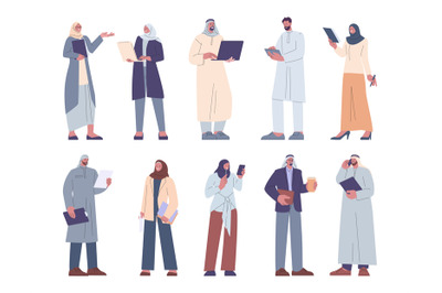 Arab business characters. Muslim boss, arabic female and male office w