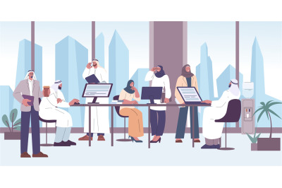 Arabic muslim teamwork business office. Saudi career, coworking or wor