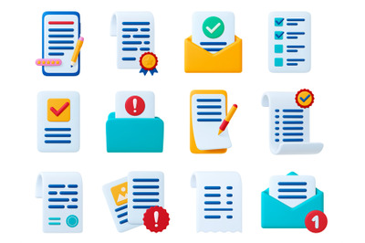 Office 3d business icons. Clipboard with page, pencil and pen. Message