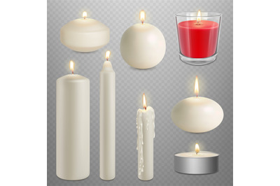 Realistic paraffin wax candles. Scented candle and religion lights. Gl