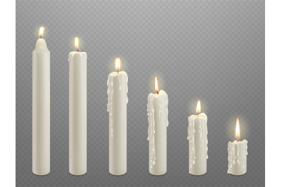 Realistic burning candle burn step by step. Lit wax candles, flickerin