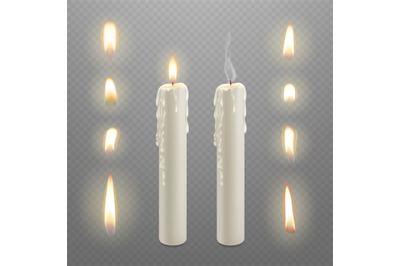 Candle flames realistic burn. Lights wax candles, yellow fire flame an