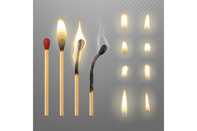 Realistic fire match stick burning step by step. Flame matches, burned