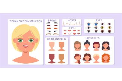 Girl face constructor. Construction cartoon facial avatar, blonde brun