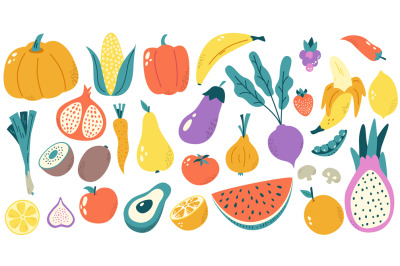 Hand drawn fruits and vegetables. Colorful health isolated vegetable,