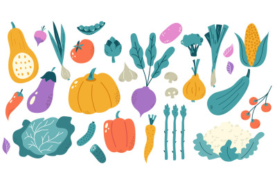 Hand drawn isolated vegetables. Flat vegetable, fresh organic meal ing