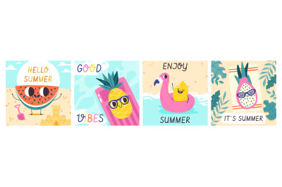 Hello summer poster flamingo and positive fruits cartoon characters. B