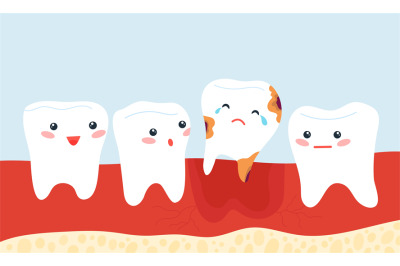 Cartoon sick tooth with caries falls out. Dentistry, pediatric stomato