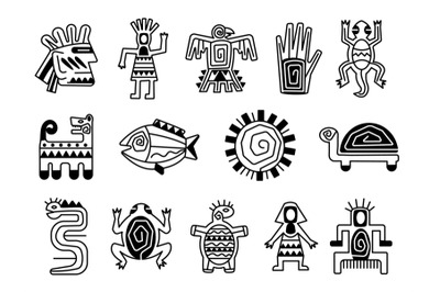 Mayan totem symbols, tattoo ethnic signs. Ornate aztec mythology, mexi