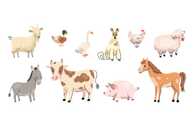 Doodle farm animals characters. Animal farms, cartoon calf, goat and s