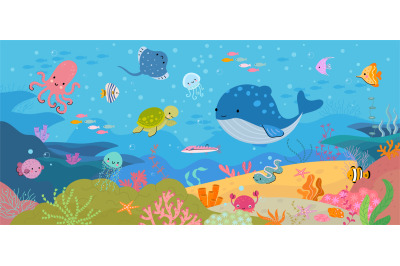 Underwater world, ocean animals and nature. Beautiful cartoon aquarium