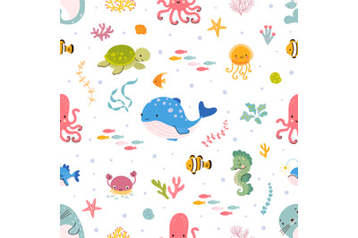 Sea life seamless pattern. Coloring cute underwater animals background