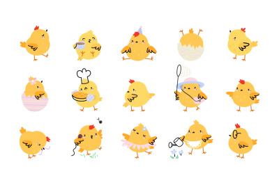 Yellow cute cartoon easter chicken. Chick newborn, spring chickens bir