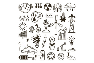 Green energy doodle set. Ecology, environmental sketch concept. Hands