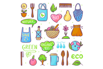 Zero waste doodle elements and reusable ecology bags. Wooden fork, foo