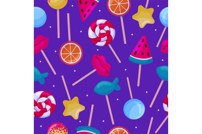 Lollipops seamless pattern, sweet lollipop candies on stick. Dessert f