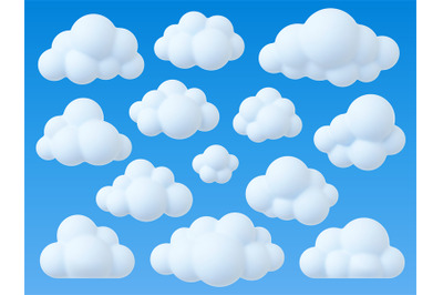 White fluffy clouds 3d icons. Cumulus bubble cloud, weather decorative