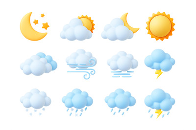 Plasticine 3d weather icons, render style sun, cumulus and snowflakes.