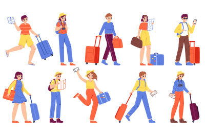 Teenagers with luggage, travel tourism cartoon characters. Cute touris