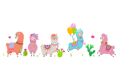 Cute cartoon llama banner. Funny fluffy alpaca jump with balloons and