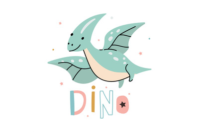 Cute dinosaur t-shirt print design. Dino flying, cartoon prehistoric a