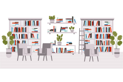 Modern library interior, coworking zone with bookshelves and chairs. C