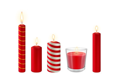 Realistic red candles isolated set. Wax candle in glass, with silver e