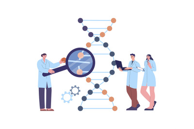 Scientist and assistants research DNA. Genetic lab experience&2C; people