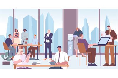 Business office in skyscraper. Managers and workers, clerks, financial