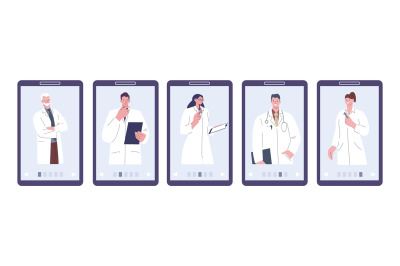 Doctors on smartphone screen. Medical app, choose your doctor. Various