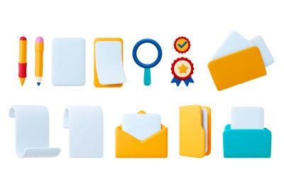 Office 3d icons, plastiline design. Isolated email, data folders and e