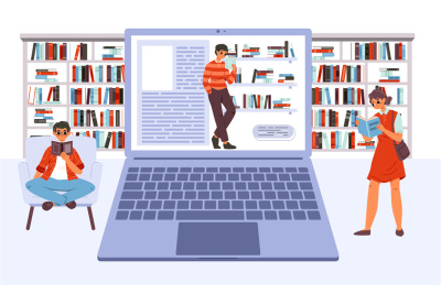 Online library vector concept. Students reading, boy with book on comp