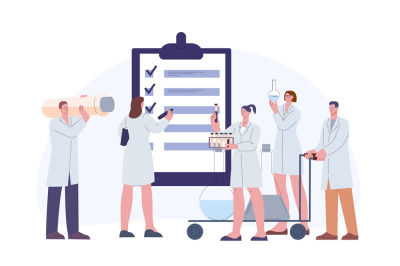 Pharmaceutical audit concept. Scientist with lab equipment and doctors