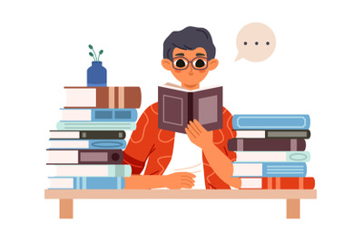 Young cartoon boy reading books. Student study, teens education concep