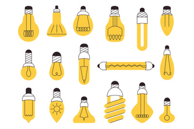 Flat minimal light bulbs design icons. Lighting bulb and filament, iso