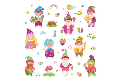 Cartoon garden gnomes&2C; fairy dwarf characters. Cute flat female and ma