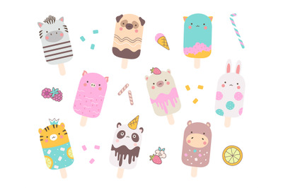 Animal ice cream on stick, eskimo cute animals collection. Sweet lolli