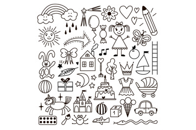 Kid doodle icons, preschool kids graphic outline elements. Children fu