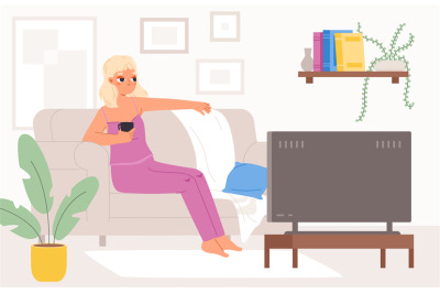 Girl relax at home, sitting with coffee mug on couch and watch tv show