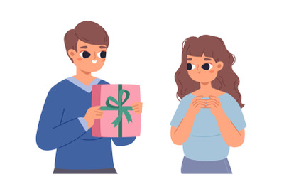 Boy giving gift girl. Cute romantic couple meeting, birthday or valent