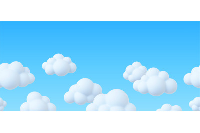 Clouds in blue sky&2C; 3d white cloud seamless banner. Fluffy bubbles&2C; sp